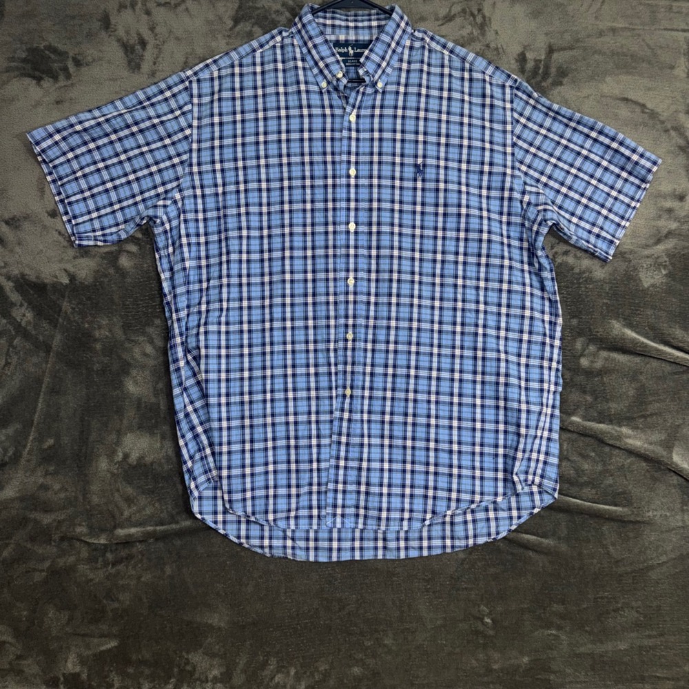 Men's Large Ralph Lauren Button Down Shirt Blue Plaid Blake Short Sleeve